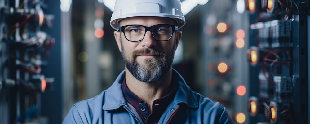 Portrait electrical engineer man on background control panel for high current and voltage, industrial factory.